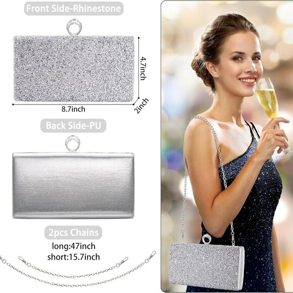 Silver Rhinestone Clutch Evening Bag Purse Gift for Weddings Parties - Picture 3 of 7